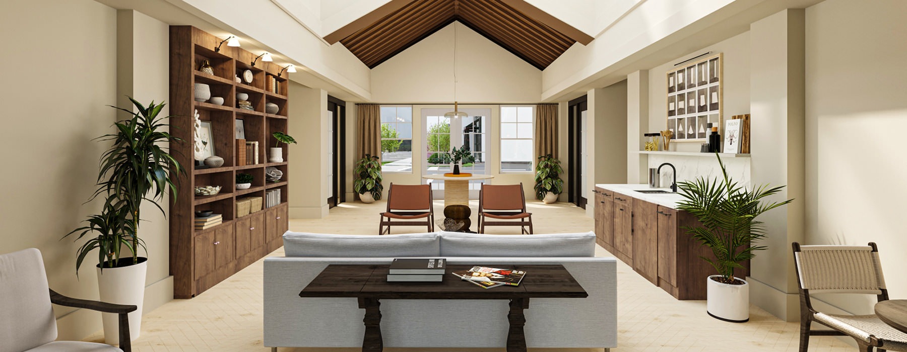 vaulted ceilings and bright lighting in spacious clubhouse